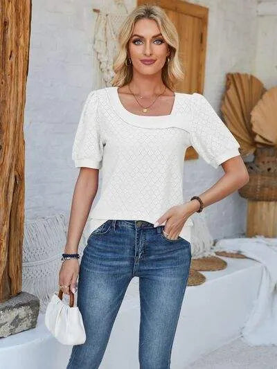 Eyelet Asymmetrical Neck Short Sleeve T-Shirt Women's T-Shirts - Tophatter Daily Deals